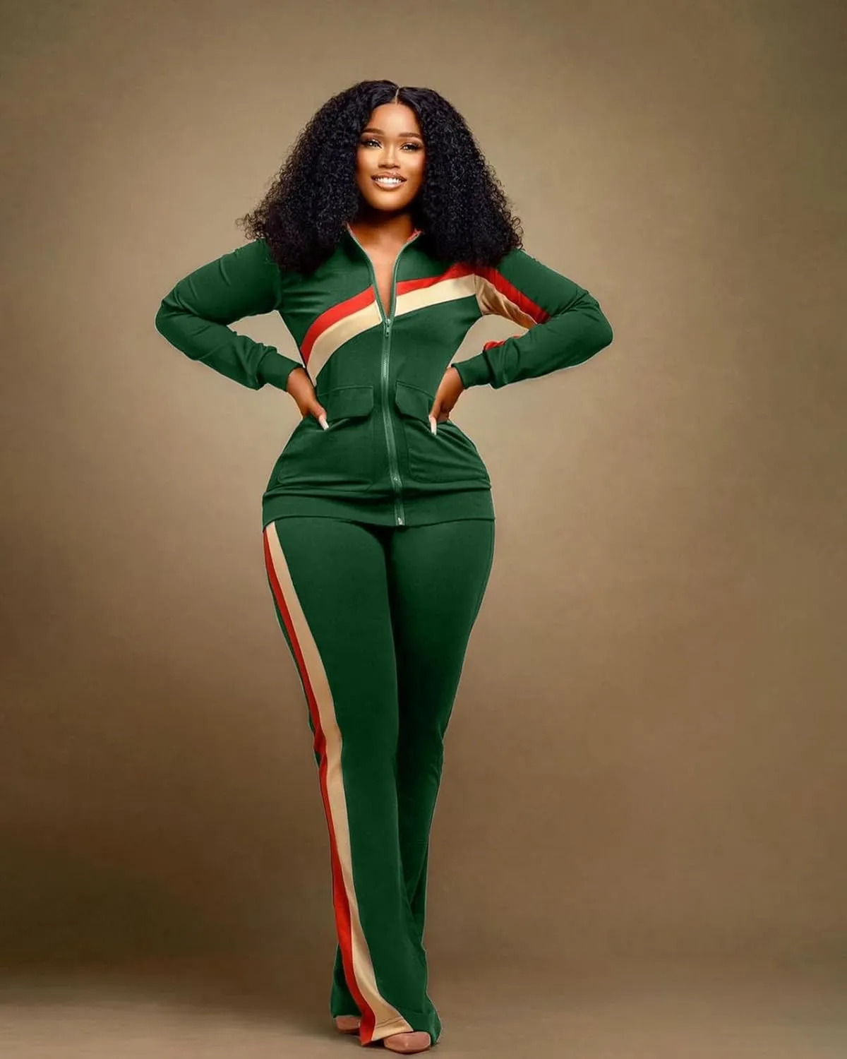 2 Piece Outfits for Women Long Sleeve Striped Zipup Jacket Wide Leg Long Pant Retro Tracksuit Sport Set Wine Red