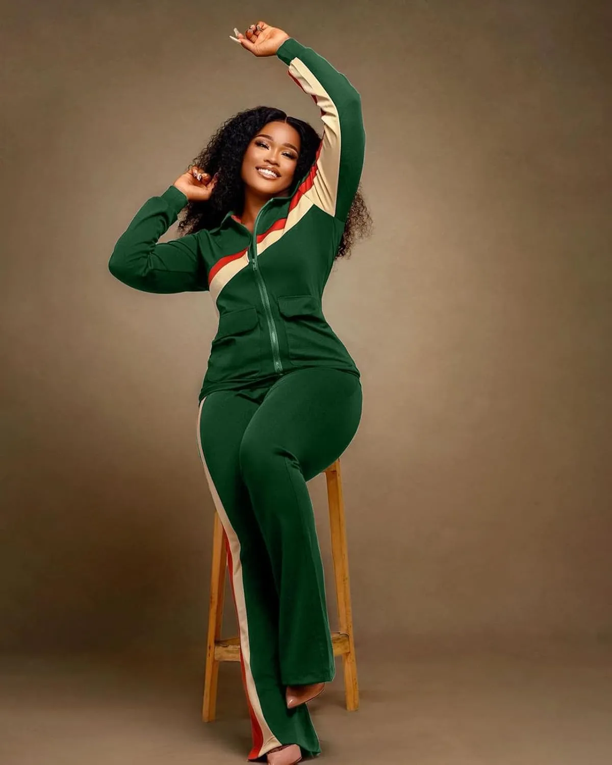 2 Piece Outfits for Women Long Sleeve Striped Zipup Jacket Wide Leg Long Pant Retro Tracksuit Sport Set Wine Red
