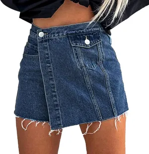 2024 New Women's Raw Trim Bodycon Denim Skirt Asymmetrical High Waisted Wrap Mini Jean Skirt with Pocket