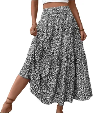 2025 Summer Women's Floral Print Midi Maxi Skirts Casual High Waist A Line Dressy Swing Flowy Long Skirt