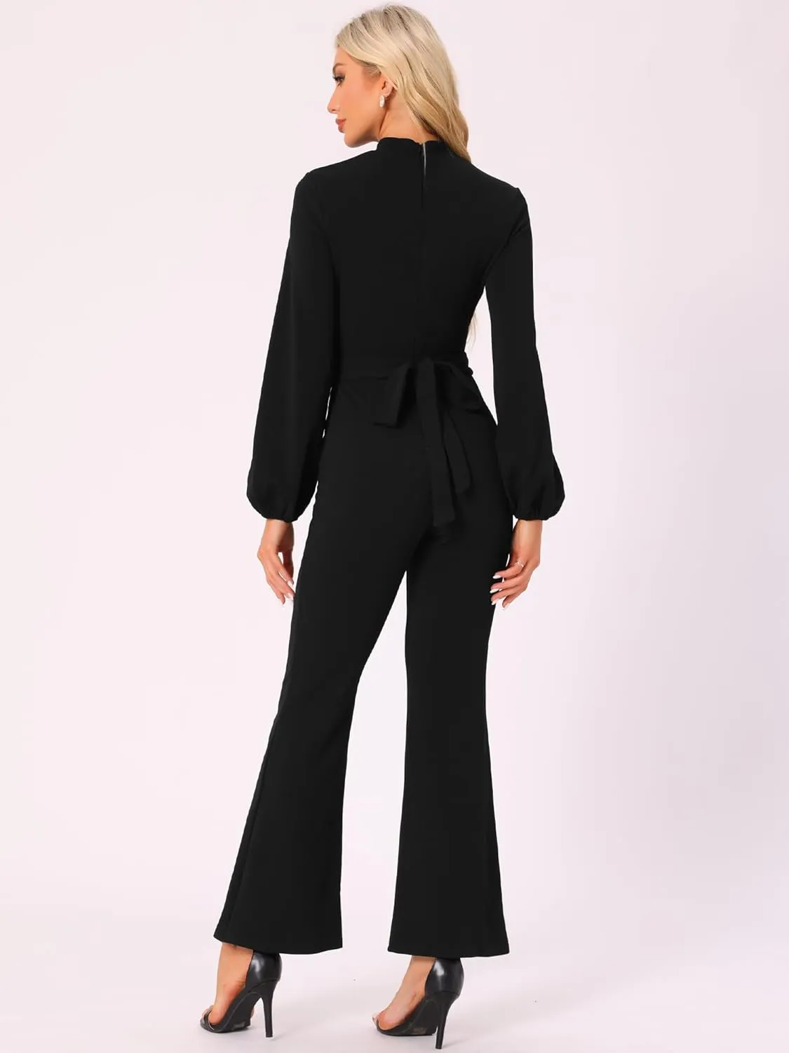 Allegra K Dressy Jumpsuits for Women's Long Sleeve High Waist Elegant Party Bell Bottom Pants Jumpsuit