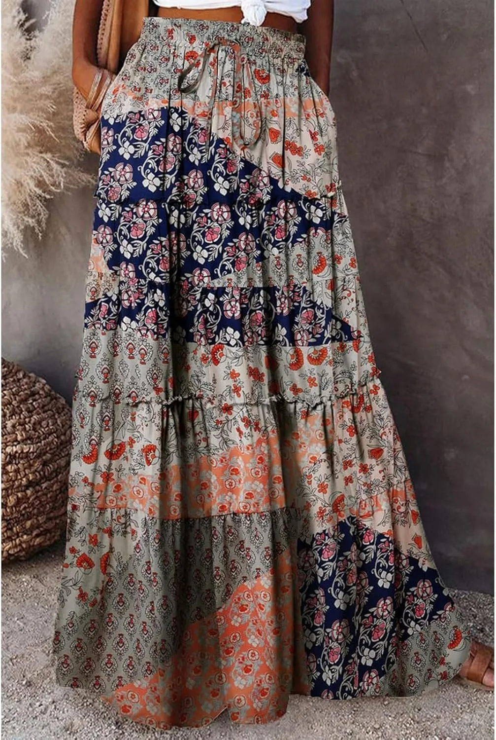 Boho Maxi Skirts for Women 2025 Summer Floral Flowy High Waisted Plus Size A Line Tiered Long Skirt with Pockets