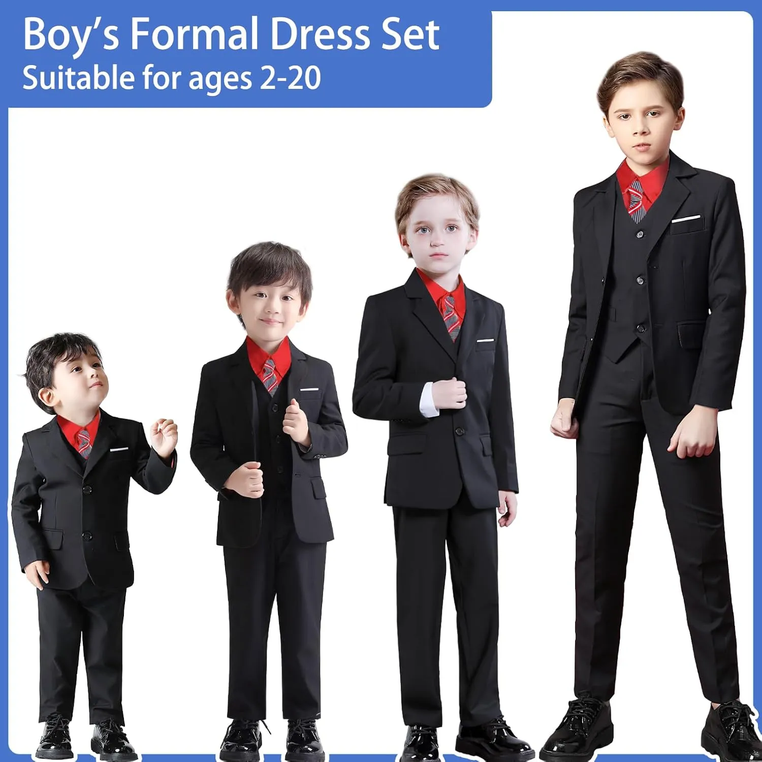 Boys Suit Slim Fit 5 Piece for Kids Toddler Suit Wedding Outfit for Teenage Boys Formal Tuxedo Set