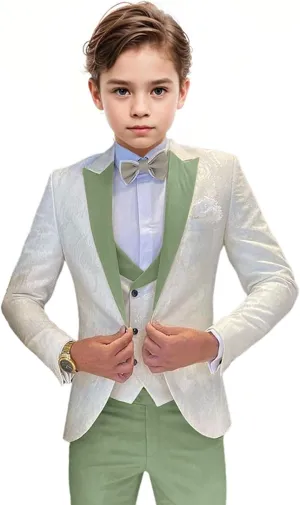 Boys Tuxedo Suit Jacquard Slim Fit 3 Piece Kids Tuxedo Suits for Boys Formal Wedding Suit Blazer Vest Pants