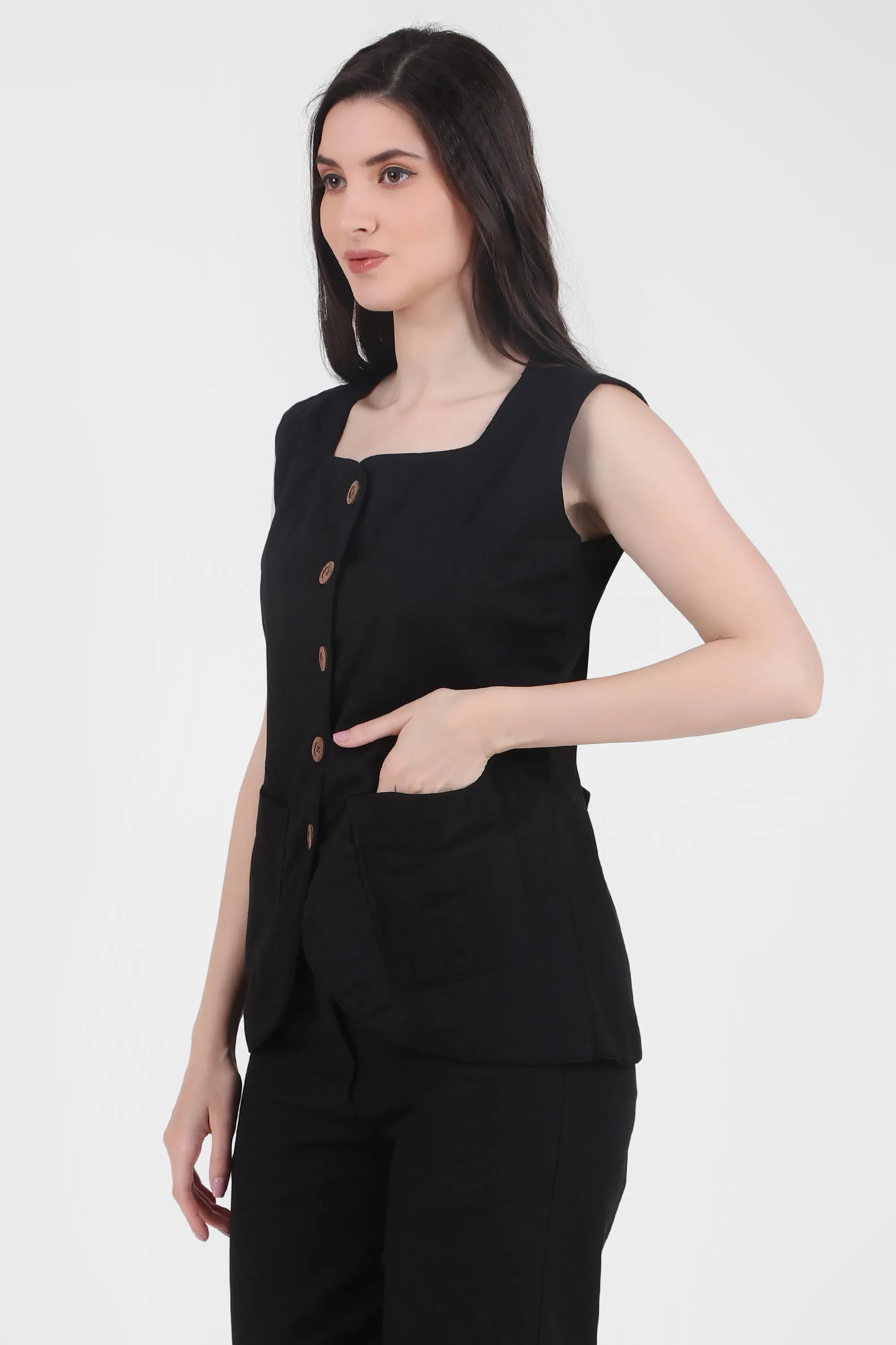 Breathable Linen Blend Vest Button-Up Top, Black