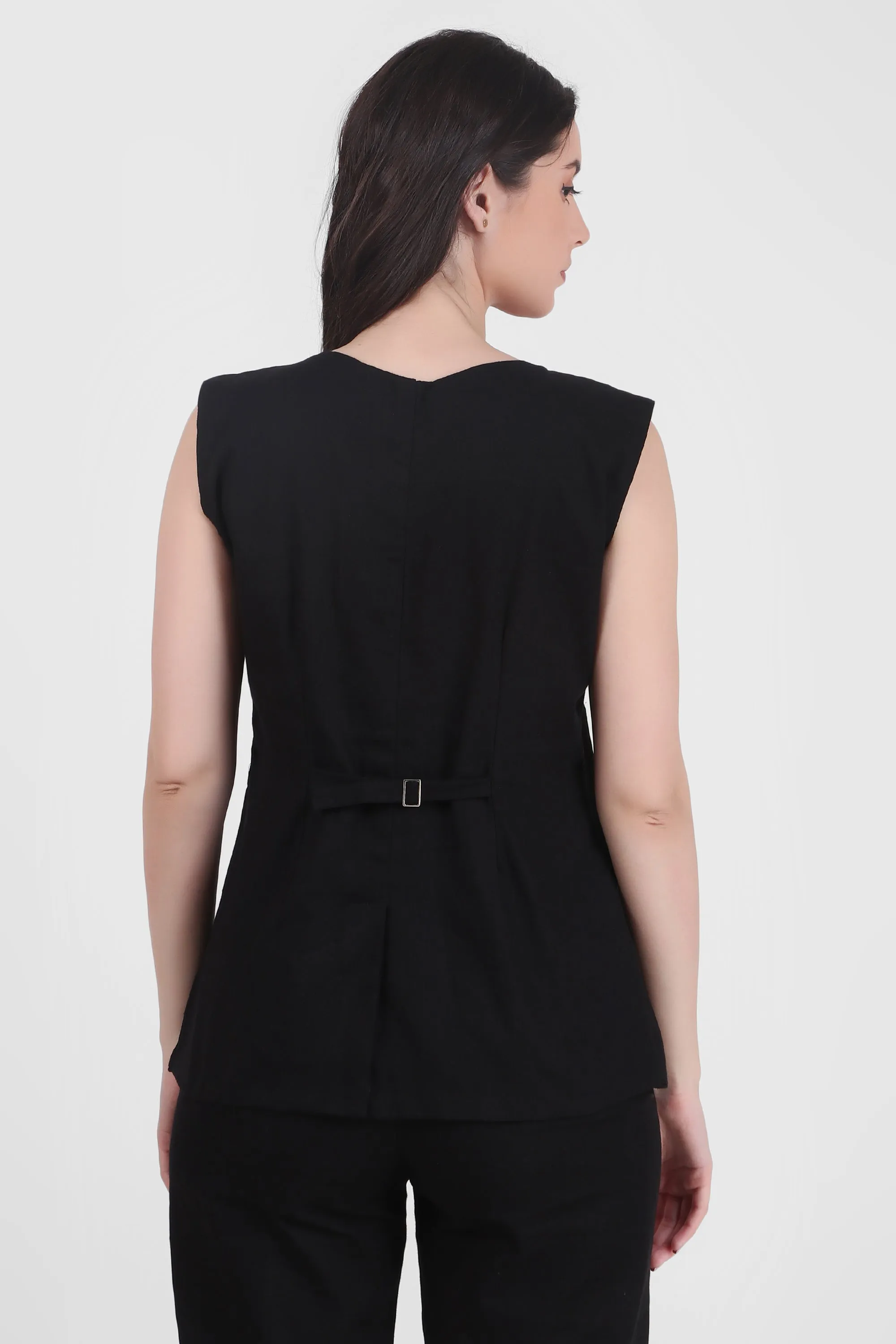 Breathable Linen Blend Vest Button-Up Top, Black