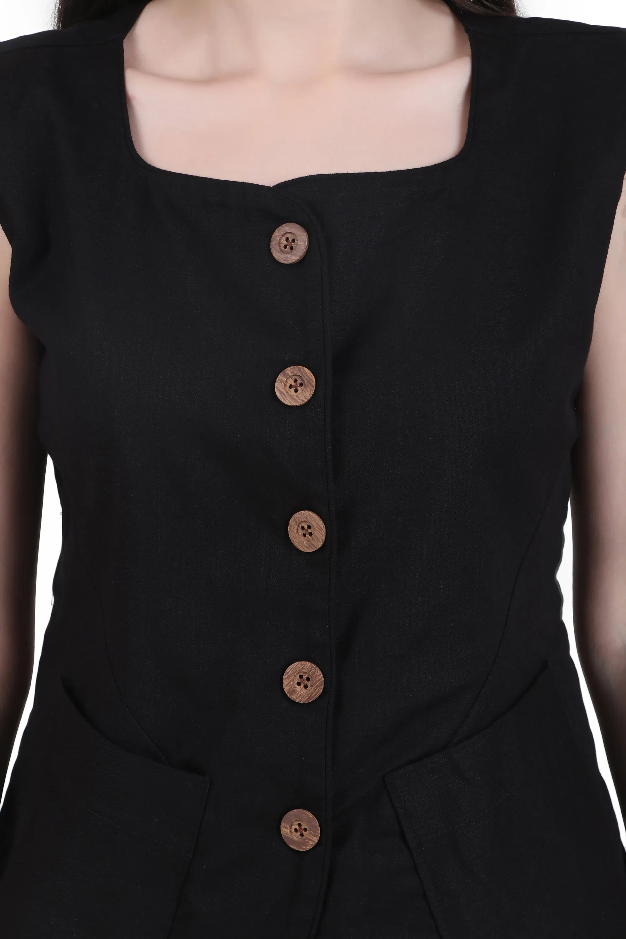 Breathable Linen Blend Vest Button-Up Top, Black