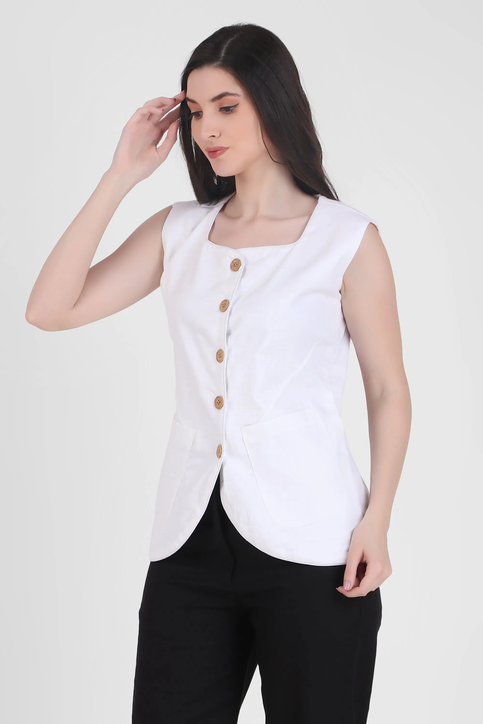 Breathable Linen Blend Vest Button-Up Top, White