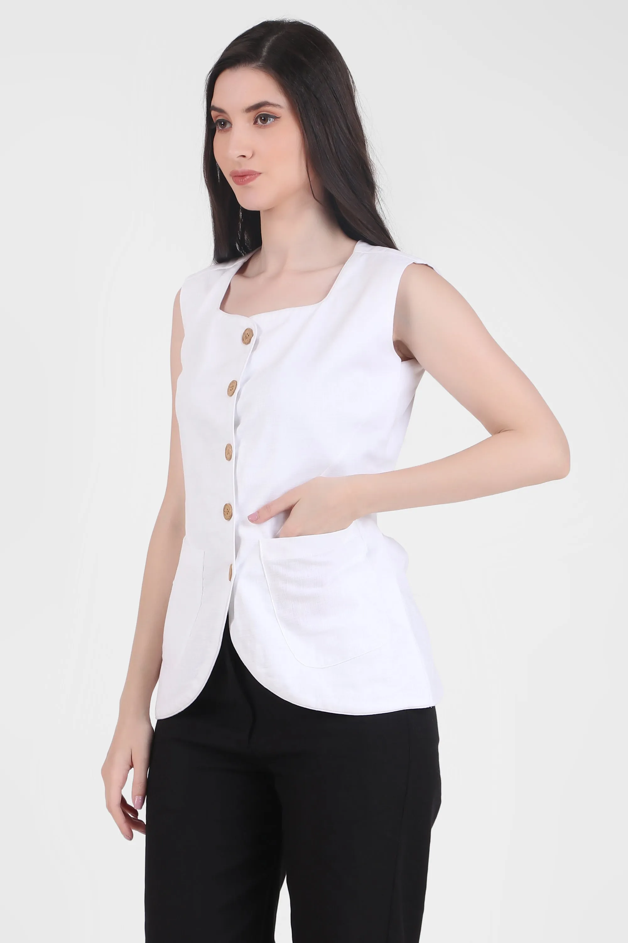 Breathable Linen Blend Vest Button-Up Top, White