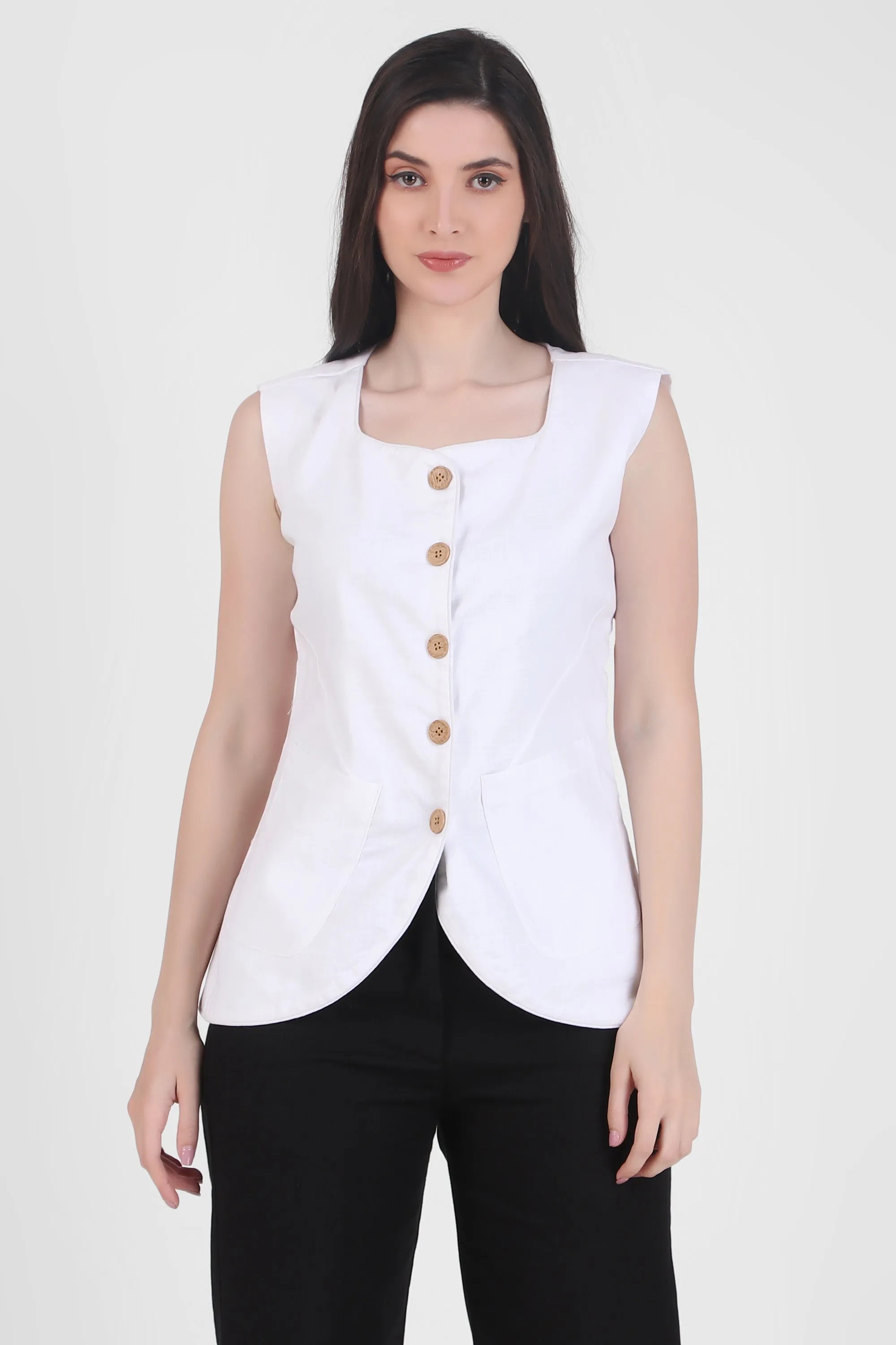 Breathable Linen Blend Vest Button-Up Top, White