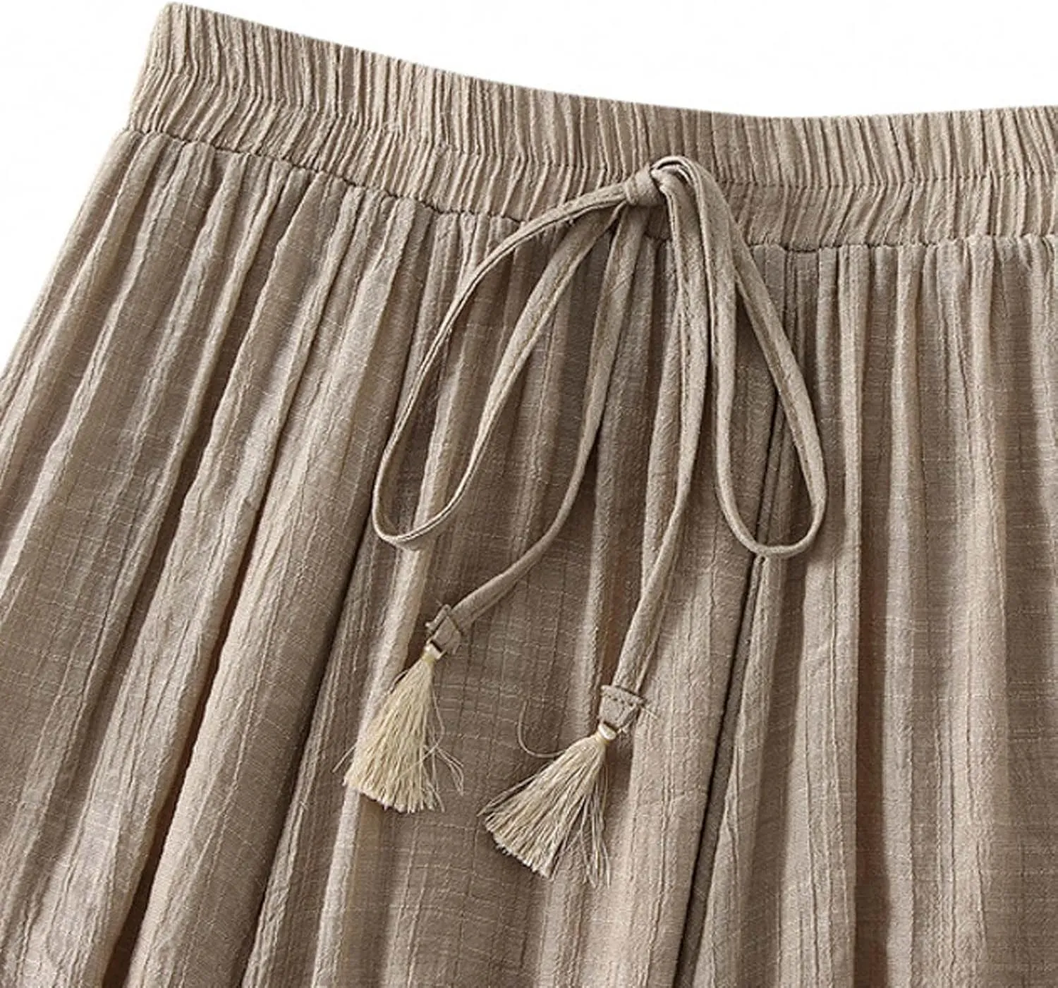 BTDECLAR Cotton Linen Skirts for Women Summer Elastic High Waist Tie Y2K Skirt Lightweight Casual Pleated A Line Midi Skirts