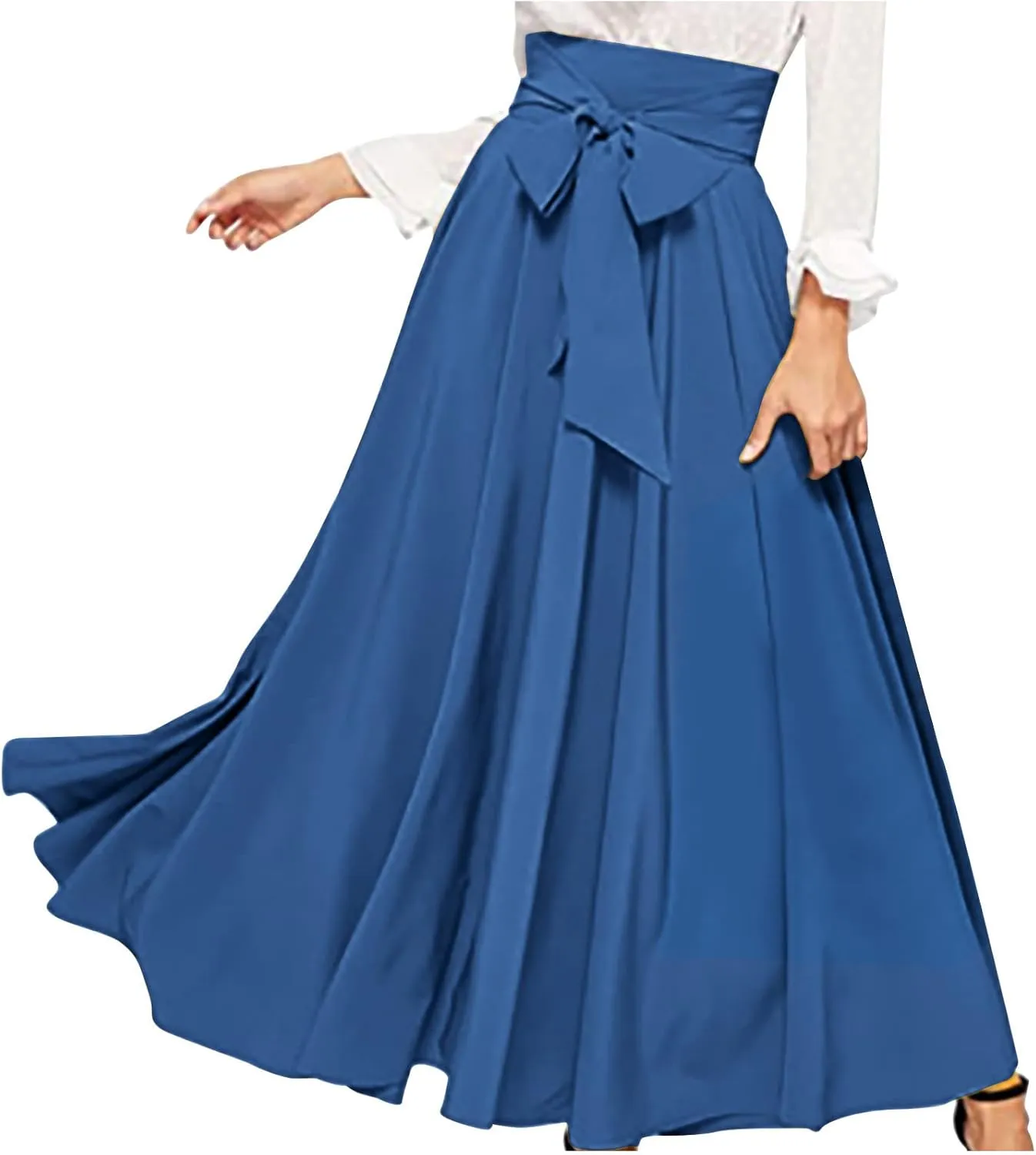 BTDECLAR Women's Elegant Flowy Long Skirts Trendy High Waisted Tie Front Pleated Swing Formal A Line Maxi Skirt Ankle Length