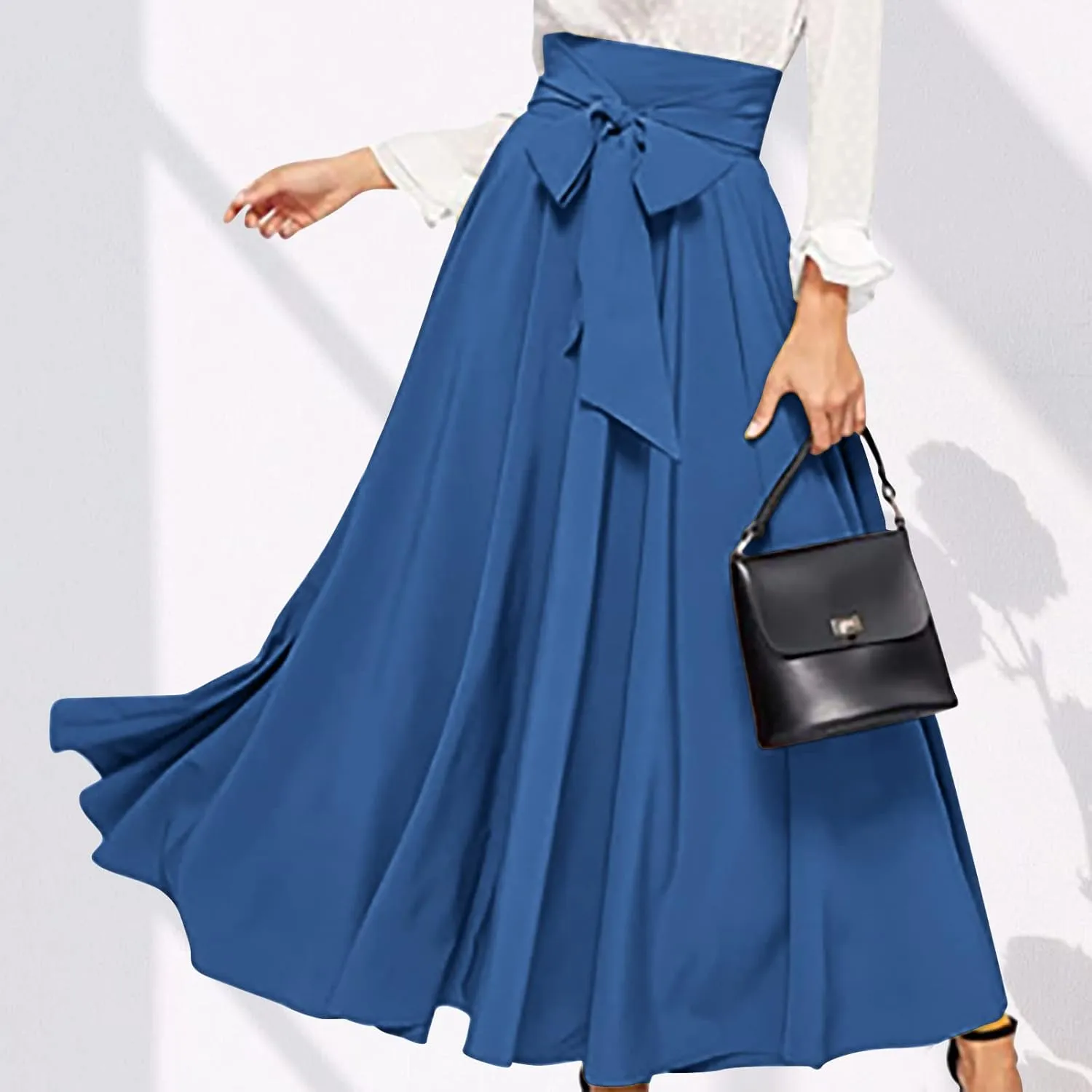 BTDECLAR Women's Elegant Flowy Long Skirts Trendy High Waisted Tie Front Pleated Swing Formal A Line Maxi Skirt Ankle Length