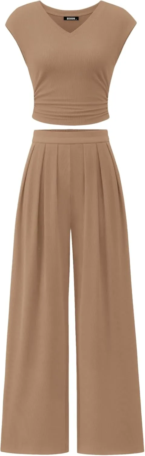 BTFBM Womens 2 Piece Outfits Summer 2025 V Neck Cap Sleeve Ruched Top Wide Leg Pants Sets Rib Knit Lounge Matching Set