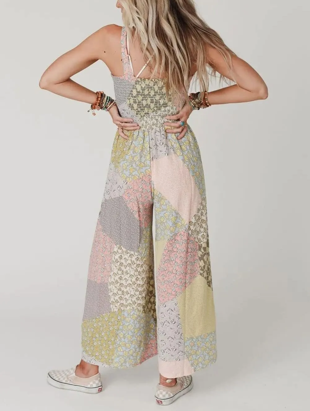 chouyatou Women's Wide Leg Smocked Jumpsuit Color Block Floral Print Sleeveless Romper Pants