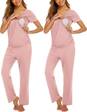Ekouaer 2 Packs Nursing Pajamas Maternity Breastfeeding Sleepwear Set Double Layer Short Sleeve Top & Pants Pregnancy PJS