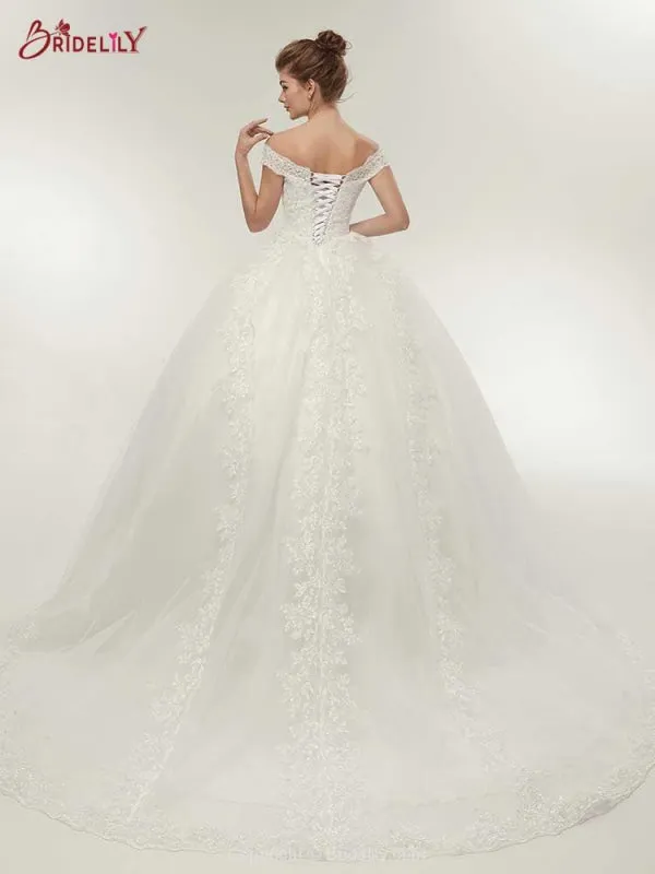 Elegant Lace-up Appliques Ball Gown Wedding Dresses