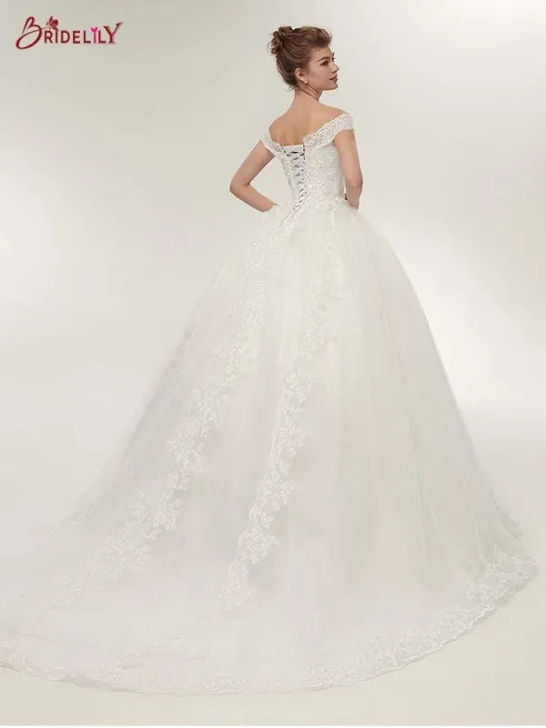 Elegant Lace-up Appliques Ball Gown Wedding Dresses