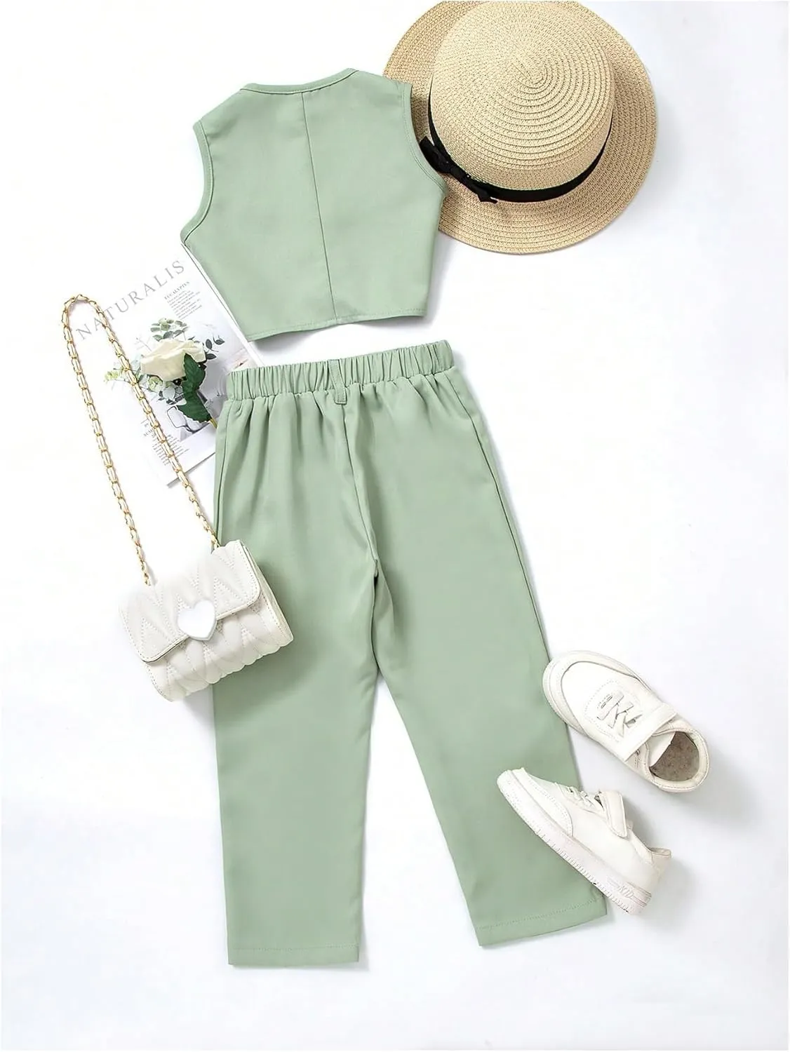 Floerns Toddler Girl's Two Piece Outfit Button Front Vest Blazer and Pants Set