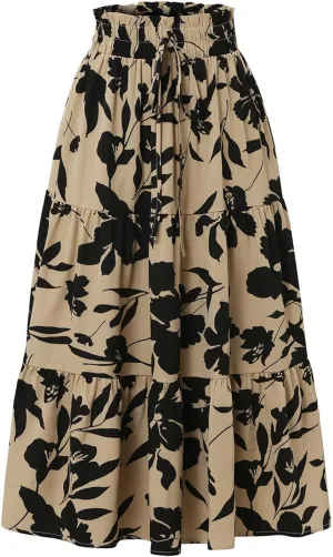 Floral Maxi Skirt for Women Summer Elastic High Waisted Skirts Vacation A-Line Tiered Flowy Swing Long Skirts