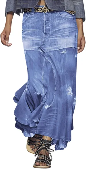 HGps8w Women's Plus Size Maxi Denim Skirt Retro Distressed Irregular Ruffle Tiered High Waisted Long Jean Skirts