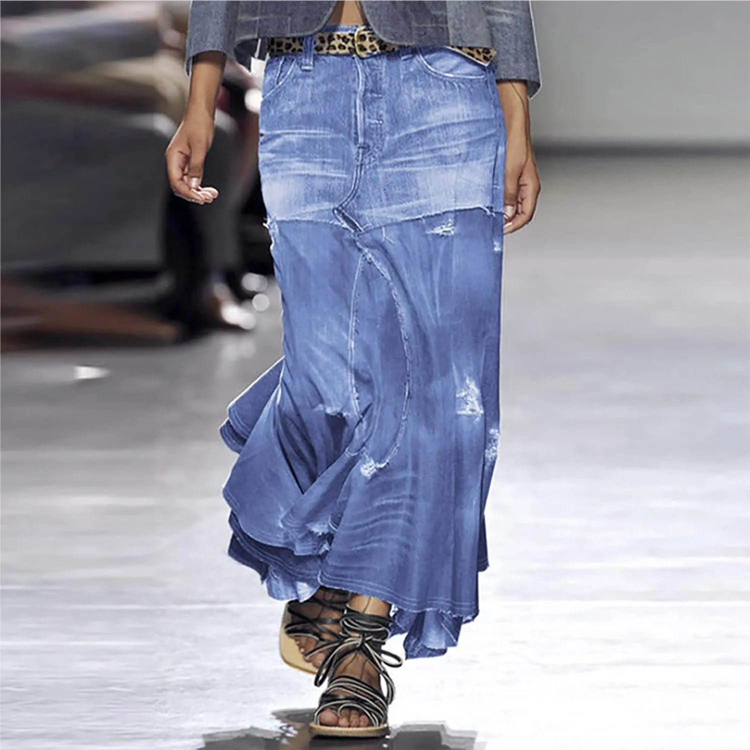 HGps8w Women's Plus Size Maxi Denim Skirt Retro Distressed Irregular Ruffle Tiered High Waisted Long Jean Skirts