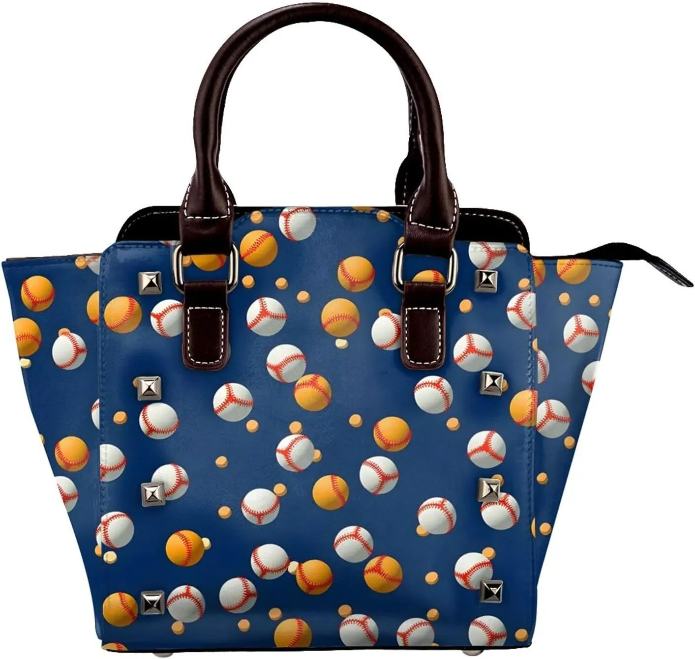 Leather Shoulder Bag for Women, Baseball Pattern Studded Purse Sport Ball Crossbody Handbags Punk Hobo Bag with Adjustable Strap