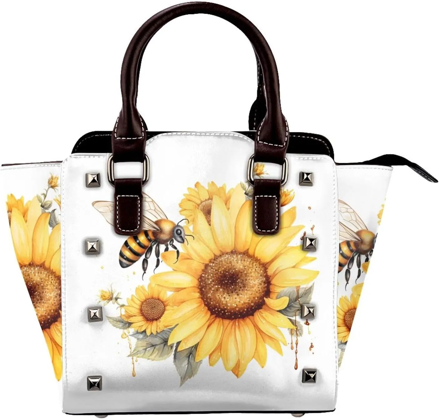 Leather Shoulder Bag for Women, Bee Sunflower Studded Purse Yellow Flower Crossbody Handbags Punk Hobo Bag with Adjustable Strap