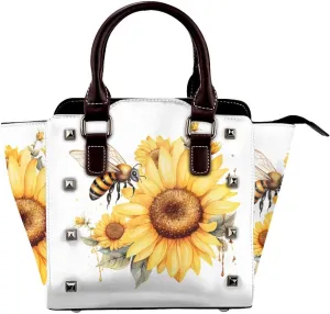 Leather Shoulder Bag for Women, Bee Sunflower Studded Purse Yellow Flower Crossbody Handbags Punk Hobo Bag with Adjustable Strap
