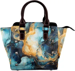 Leather Shoulder Bag for Women, Blue Golden Marble Studded Purse Abstract Art Crossbody Handbags Punk Hobo Bag with Adjustable Strap