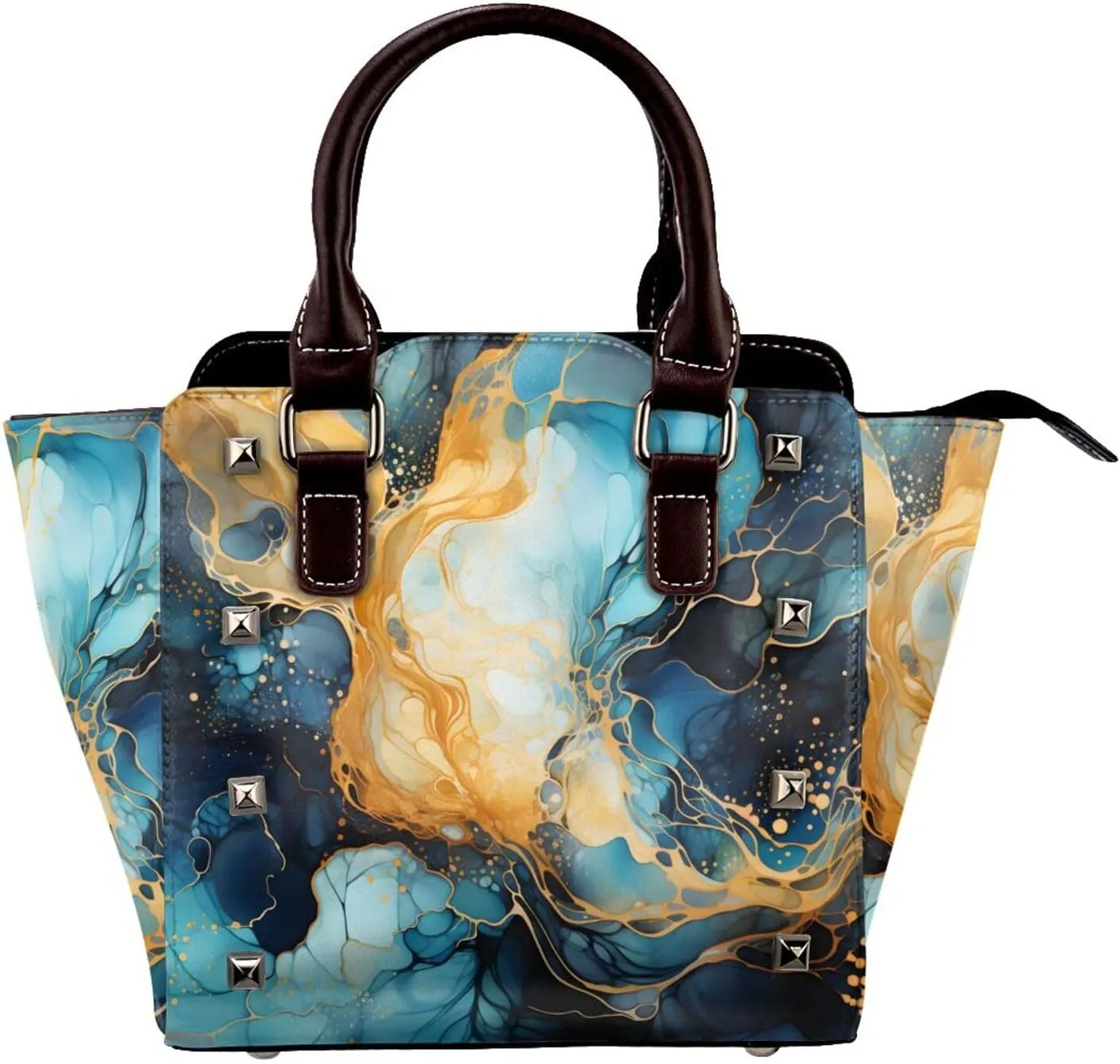 Leather Shoulder Bag for Women, Blue Golden Marble Studded Purse Abstract Art Crossbody Handbags Punk Hobo Bag with Adjustable Strap