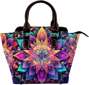 Leather Shoulder Bag for Women, Boho Floral Studded Purse Ethnic Mandala Flower Crossbody Handbags Punk Hobo Bag with Adjustable Strap