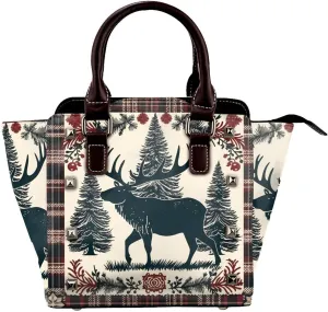 Leather Shoulder Bag for Women, Buffalo Plaid Deer Studded Purse Christmas Crossbody Handbags Punk Hobo Bag with Adjustable Strap