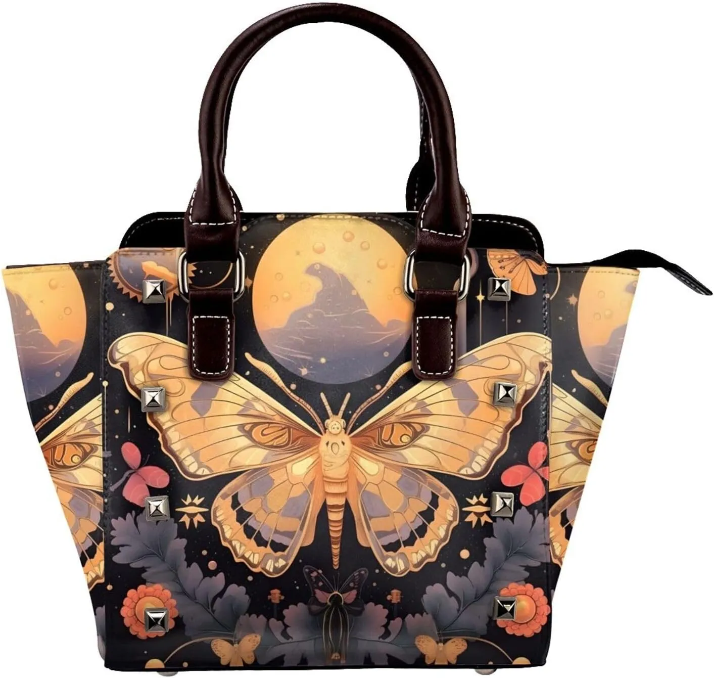 Leather Shoulder Bag for Women, Butterfly Moon Studded Purse Ethnic Flower Floral Crossbody Handbags Punk Hobo Bag with Adjustable Strap