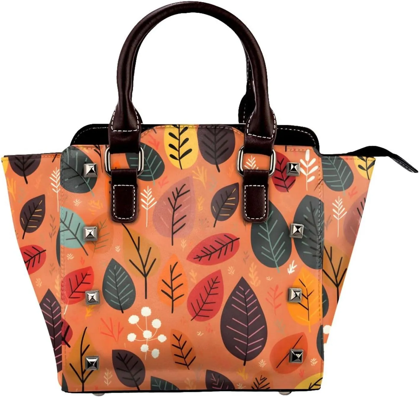 Leather Shoulder Bag for Women, Cartoon Leaves Studded Purse Forest Leaf Crossbody Handbags Punk Hobo Bag with Adjustable Strap