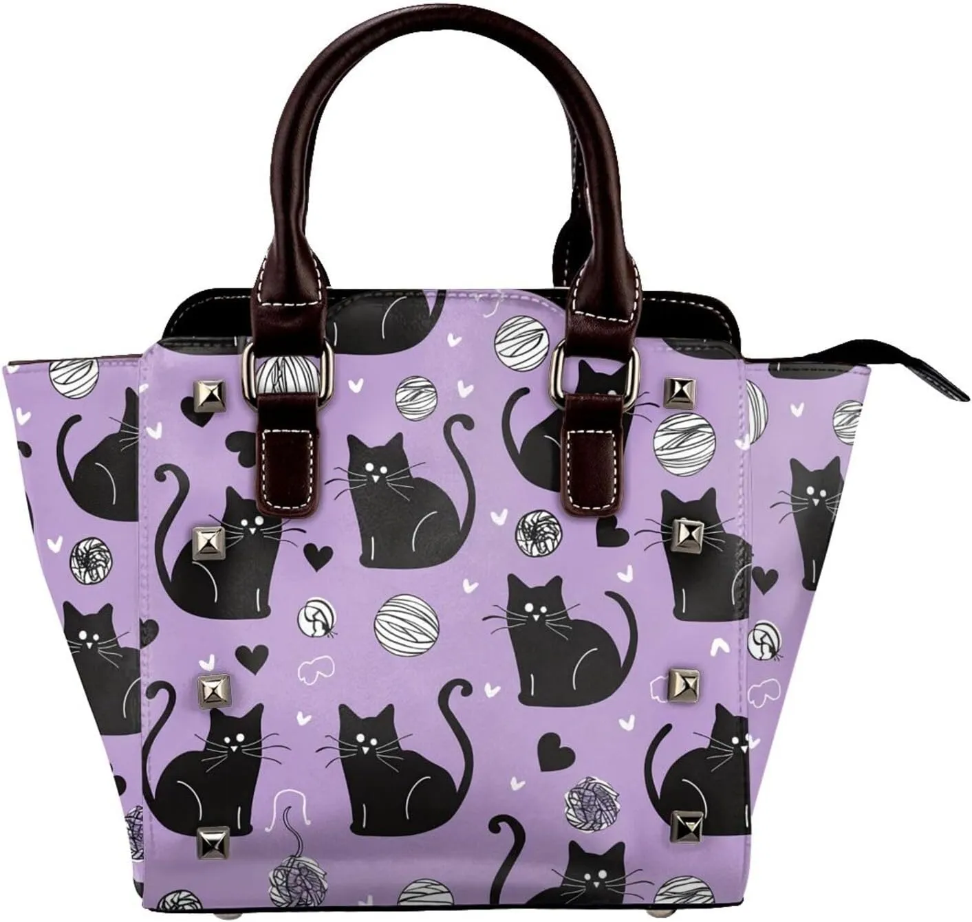 Leather Shoulder Bag for Women, Cat Ball Studded Purse Cute Kitten Crossbody Handbags Punk Hobo Bag with Adjustable Strap