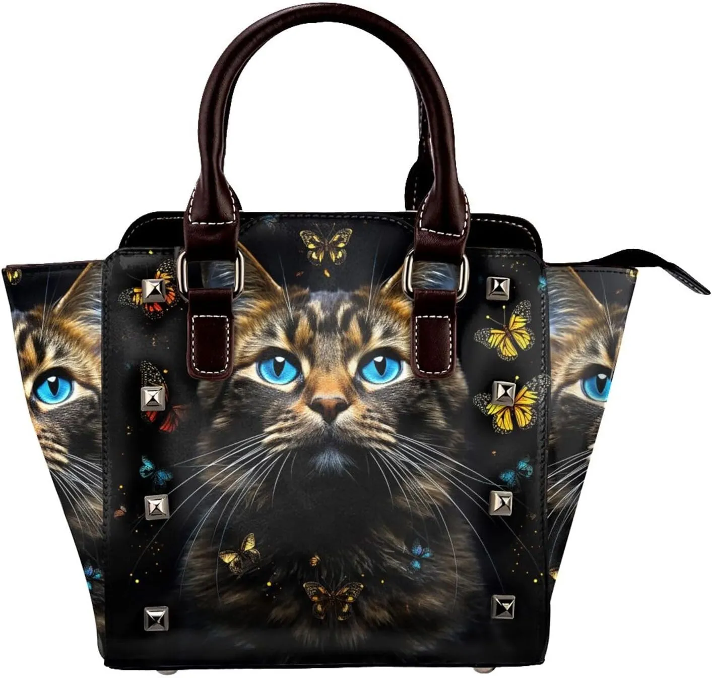 Leather Shoulder Bag for Women, Cat Butterfly Studded Purse Cute Animal Crossbody Handbags Punk Hobo Bag with Adjustable Strap