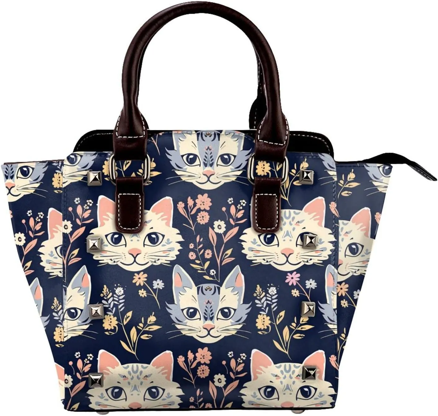 Leather Shoulder Bag for Women, Cat Floral Studded Purse Kitten Flower Crossbody Handbags Punk Hobo Bag with Adjustable Strap