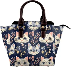 Leather Shoulder Bag for Women, Cat Floral Studded Purse Kitten Flower Crossbody Handbags Punk Hobo Bag with Adjustable Strap