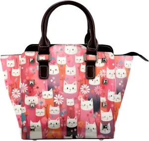 Leather Shoulder Bag for Women, Cat Flower Studded Purse Cute Kitten Crossbody Handbags Punk Hobo Bag with Adjustable Strap