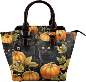 Leather Shoulder Bag for Women, Cats Pumpkins Studded Purse Fall Ample Leaves Crossbody Handbags Punk Hobo Bag with Adjustable Strap