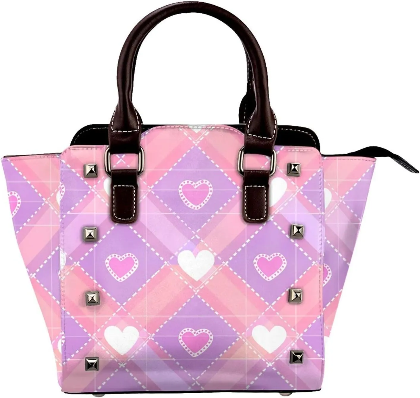 Leather Shoulder Bag for Women, Check Heart Studded Purse Colorful Crossbody Handbags Punk Hobo Bag with Adjustable Strap
