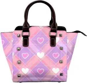 Leather Shoulder Bag for Women, Check Heart Studded Purse Colorful Crossbody Handbags Punk Hobo Bag with Adjustable Strap