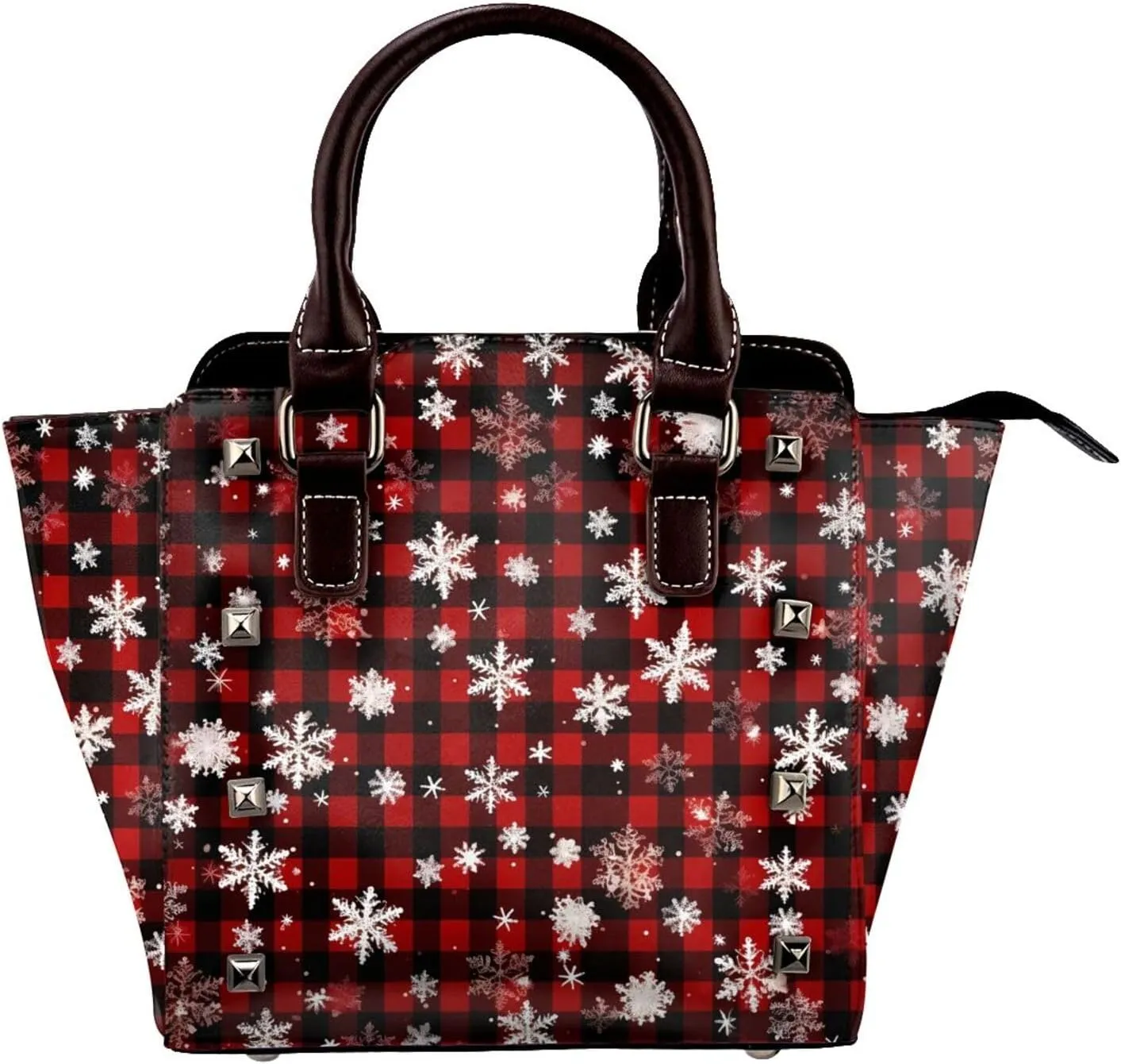 Leather Shoulder Bag for Women, Christmas Snowflake Studded Purse Buffalo Plaid Crossbody Handbags Punk Hobo Bag with Adjustable Strap