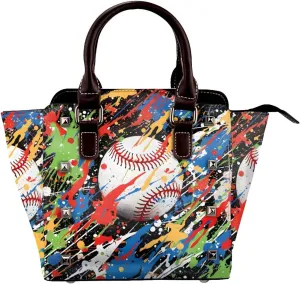 Leather Shoulder Bag for Women, Colored Splashes Baseball Studded Purse Sport Ball Crossbody Handbags Punk Hobo Bag with Adjustable Strap