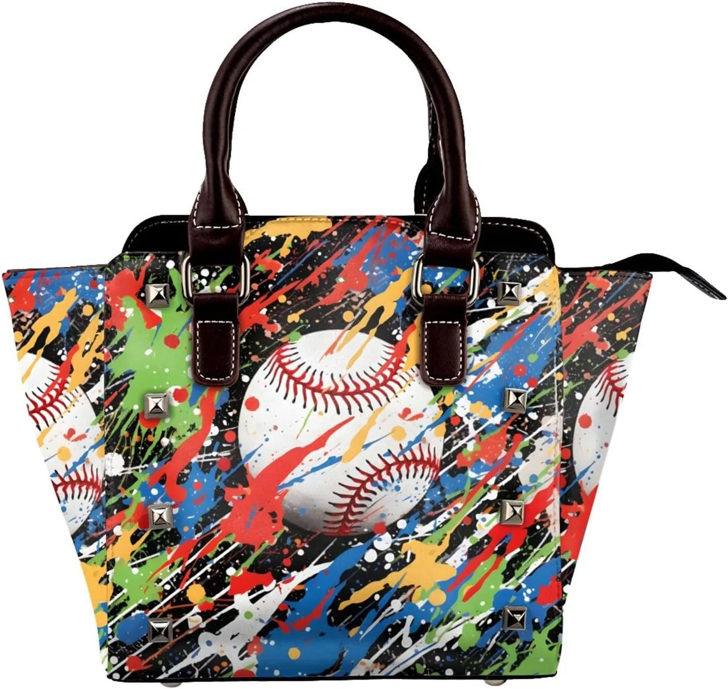 Leather Shoulder Bag for Women, Colored Splashes Baseball Studded Purse Sport Ball Crossbody Handbags Punk Hobo Bag with Adjustable Strap