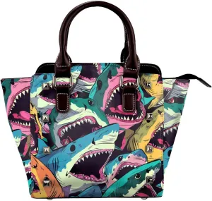 Leather Shoulder Bag for Women, Colorful Shark Studded Purse Sea Ocean Crossbody Handbags Punk Hobo Bag with Adjustable Strap