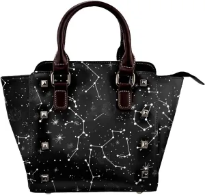 Leather Shoulder Bag for Women, Constellation Studded Purse Space Star Crossbody Handbags Punk Hobo Bag with Adjustable Strap