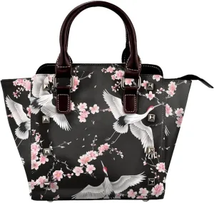 Leather Shoulder Bag for Women, Crane Studded Purse Cherry Blossom Crossbody Handbags Punk Hobo Bag with Adjustable Strap