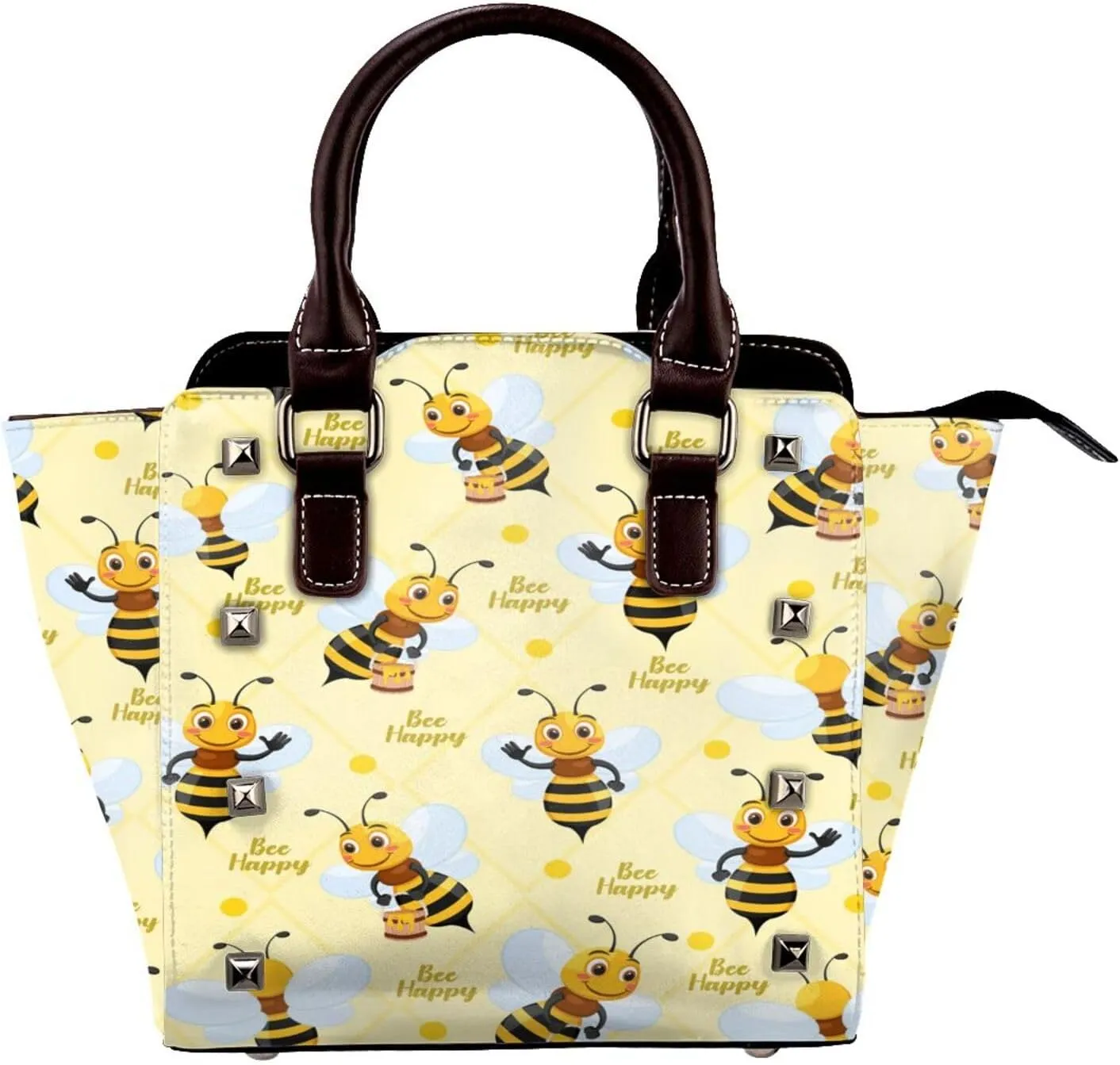 Leather Shoulder Bag for Women, Cute Bee Studded Purse Bee Happy Crossbody Handbags Punk Hobo Bag with Adjustable Strap